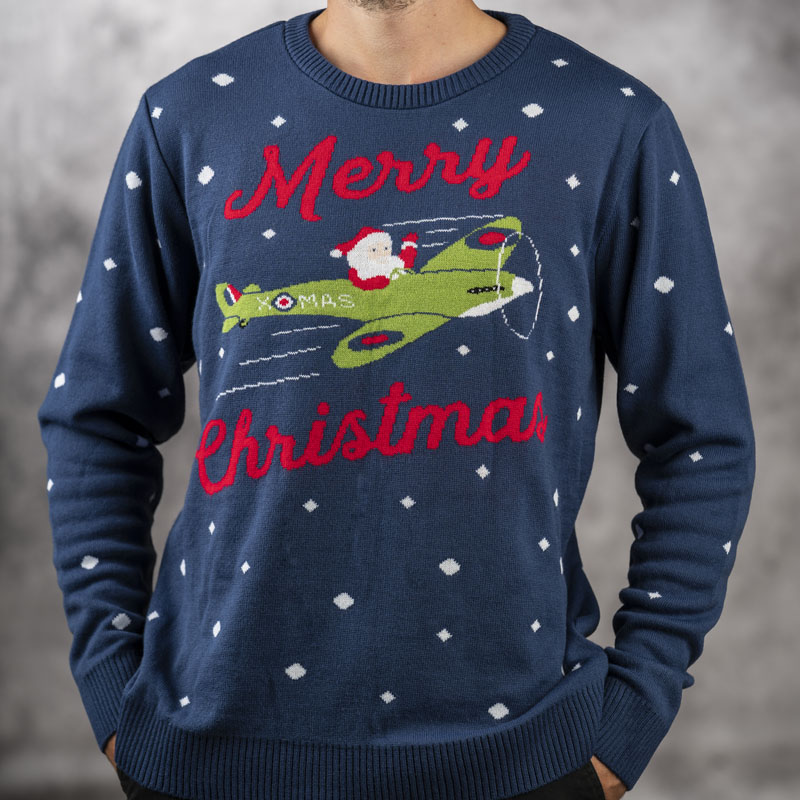 santa in a spitfire 2021 christmas jumper knit sweatshirt modelled lifestyle
